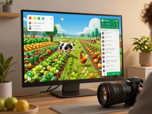 A digital farming scene from https://1gom.farm/ showcasing vibrant crops and livestock in an immersive gaming environment.