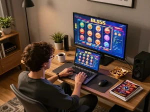 Engaging in online Bl555 casino games at home with a laptop and vibrant slot interface.