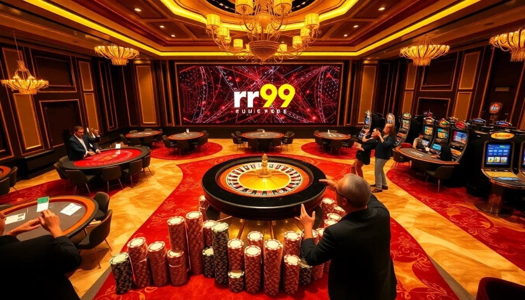 Players enjoying a thrilling game at the rr99 casino, stacking chips and celebrating wins.
