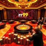 Players enjoying a thrilling game at the rr99 casino, stacking chips and celebrating wins.