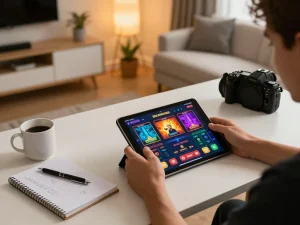The player engages with 12nk88.com on a tablet, strategizing bets in a cozy gaming setup.