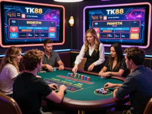 Engaging live casino atmosphere at tk88 with diverse players, neon lights, and interactive dealer.
