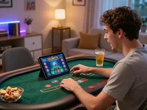 Engaging online gaming moment at https://tip88xyz.com/, player excitedly bets on live dealer table