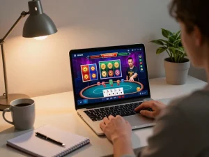 Engaging in online gaming at https://da88up.com/ from a cozy home office, showcasing a player's strategy and excitement