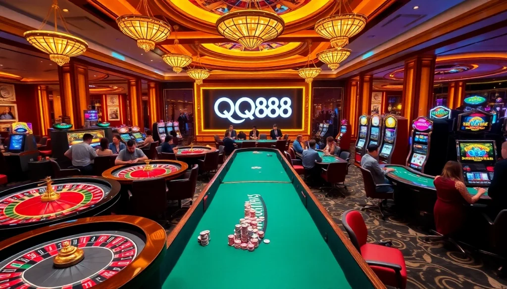 Exciting gaming atmosphere at Nhà Cái QQ88 with vibrant tables and luxury features.
