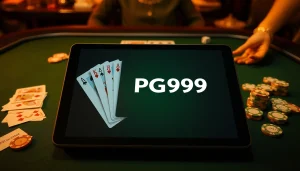 Experience PG99 with an elegant online gambling interface showcasing poker chips and sophisticated casino elements.