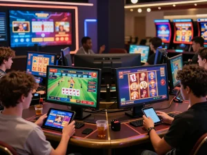 A dynamic online gambling environment showing players enjoying nhà cái uy tín services in a vibrant, engaging atmosphere.