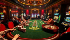 Players enjoying casino games at 8DAY, with vibrant poker chips and roulette wheels.