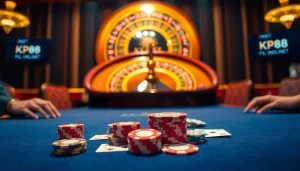Exciting poker game action at KP88 casino showcasing luxury and strategy.