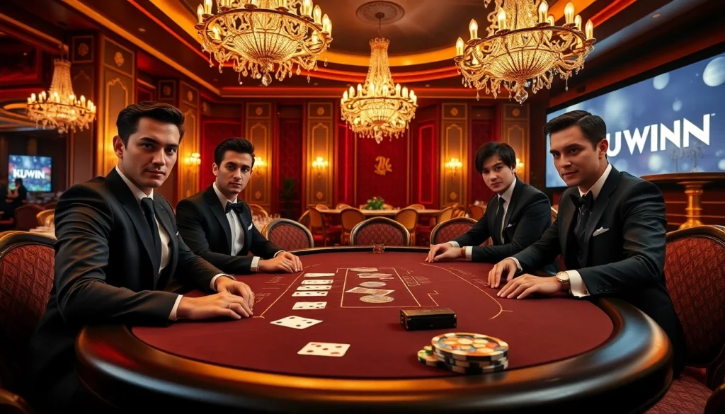 Engaged players in a high-stakes poker game showcasing the KUWIN online gambling excitement.