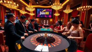 Experience the thrill at jun 88's luxurious casino with high-stakes roulette and excited players.