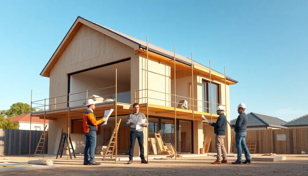 House extension construction site in Melbourne with builders and blueprints