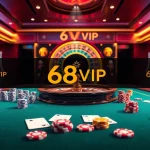 Win big at 68VIP with exciting casino action featuring roulette, poker chips, and slot machines.