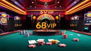 Win big at 68VIP with exciting casino action featuring roulette, poker chips, and slot machines.