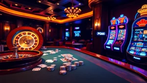 Exciting casino scene with PG66 branding, luxurious gambling table, and slot machines