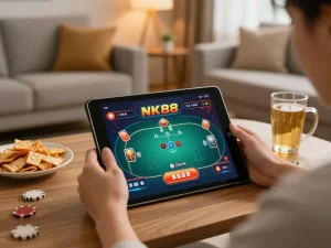 Navigating NK88 casino gaming on a tablet at home, showcasing strategic gameplay.