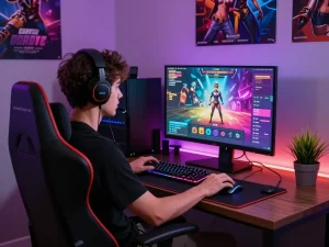 Engaged gamer playing a vibrant sex game on a large monitor, surrounded by gaming peripherals.