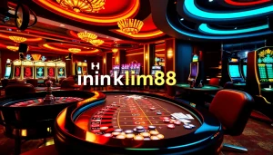 Experience the thrilling atmosphere of a luxurious casino with the link kim88 prominently highlighted, featuring roulette, poker, and vivid gambling props.