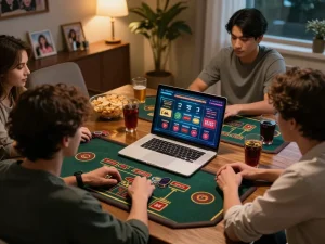 SHBET players enjoying an online casino session, showcasing the excitement of virtual gaming in a cozy home setting.