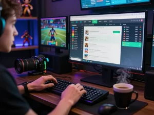 Engaged bettor analyzing keonhacai odds on multiple screens during live sports events.
