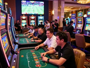 Players enjoying the excitement of bk8 casino games with vibrant lights and engaging atmosphere.