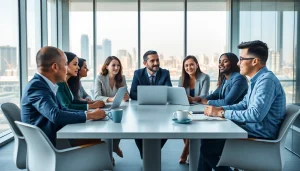 Business team discussing how to register LLC in the US in a modern office.