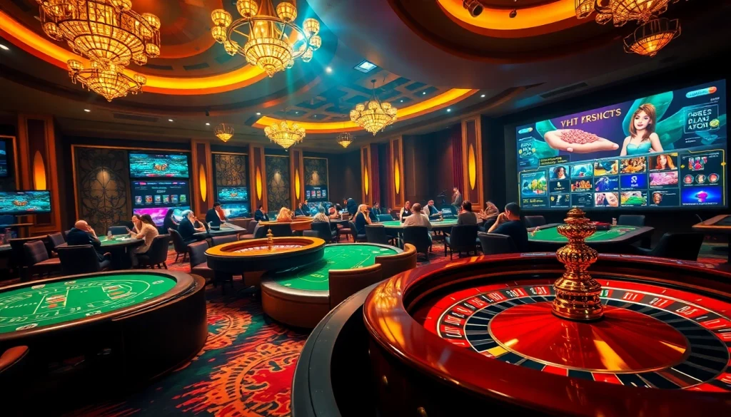 A dynamic casino scene at QQ88 COM featuring players at card tables, vibrant roulette, and engaging online betting.