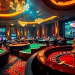 A dynamic casino scene at QQ88 COM featuring players at card tables, vibrant roulette, and engaging online betting.