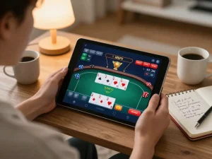 Hbet user engaged in online poker game on tablet in cozy home setting, showcasing strategy notes and gaming atmosphere.
