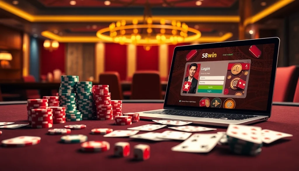 Experience seamless 58win đăng nhập with vibrant casino elements, inviting poker action, and an elegant interface.