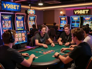 V9BET online gaming scene with players enjoying casino games in a vibrant virtual setting, showcasing excitement and community.