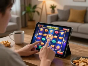 Engaging in Slot Malaysia online gaming with colorful graphics from a tablet in a cozy home