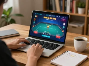 Engaging scene of game bài đổi thưởng online gameplay on laptop with strategic notes and cozy ambiance