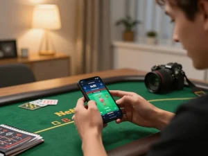 Player engaging with the Net88 mobile app to place bets on poker games