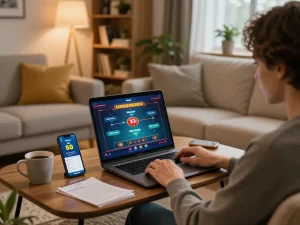 Player enjoying online gaming experience with nhà cái 33win app in cozy home setting