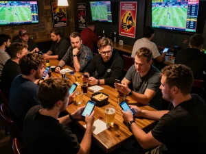 Excited friends engaging in sports betting at F8BET in an inviting bar atmosphere.