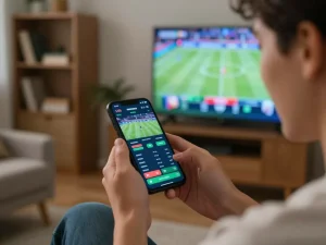 Person actively placing sports bets on dh88a using smartphone in a cozy home setting.