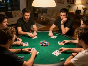 Friends engaged in a lively poker game at home, showcasing dacsandatphanrang strategies and camaraderie.