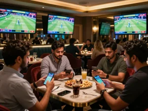 Betting on joya9 best cricket with friends in a lively, upscale sports lounge.