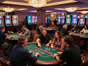 Experience the excitement of kkwin gaming at vibrant blackjack tables, showcasing animated players and lively casino activity.