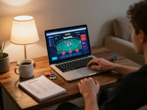 Kuwin player engaging in online poker with strategic notes in cozy home setup