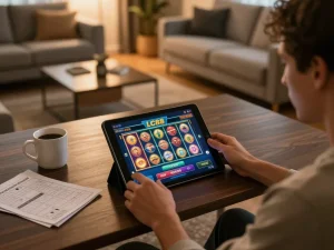 Engaging with LC88 bio online slots at home, emphasizing strategic gameplay and a cozy atmosphere.