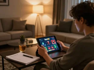 Person engaged in Net88 online casino gaming on a tablet in a cozy living room.