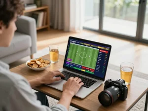 Engaged user analyzing live football betting odds on Bongdalu in a cozy home environment.