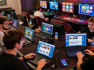 B52 gaming platform with diverse players enjoying online slots, poker, and live dealer games.