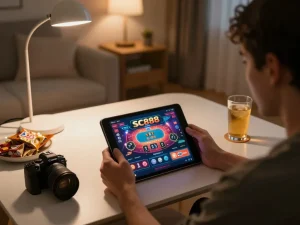 Player engaging with SC888 online games in a cozy living room setup with tablet and snacks