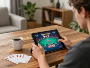 tr88 player engaging in online poker game on a tablet with strategy notes