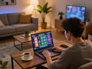 Player enjoying raja slot online gameplay on laptop in cozy living room, highlighting strategic engagement.