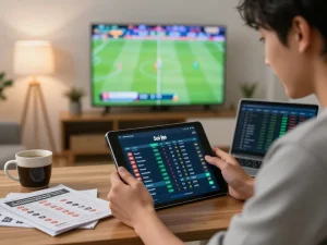 Soi kèo analysis in a modern home setup with sports betting and strategic focus