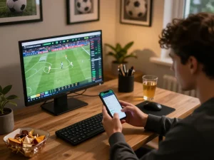 Betting with vsc10 on smartphone showing live football odds in a cozy home setting